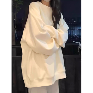 重磅美式 白色圆领休闲卫衣女秋冬加绒加厚oversize慵懒风宽松上衣