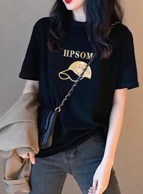 时尚印花港味chic短袖t恤女2025夏季新款黑色正肩显瘦小个子上衣