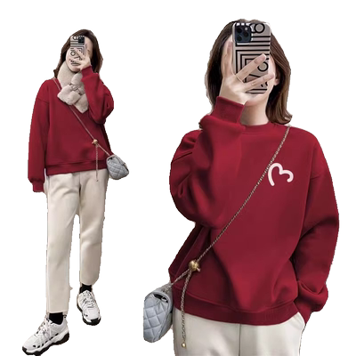 红色圆领纯棉卫衣女加绒加厚外套