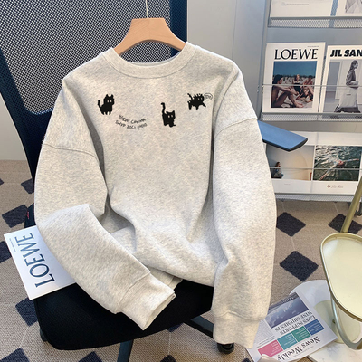 白灰色圆领纯棉卫衣女宽松外套潮