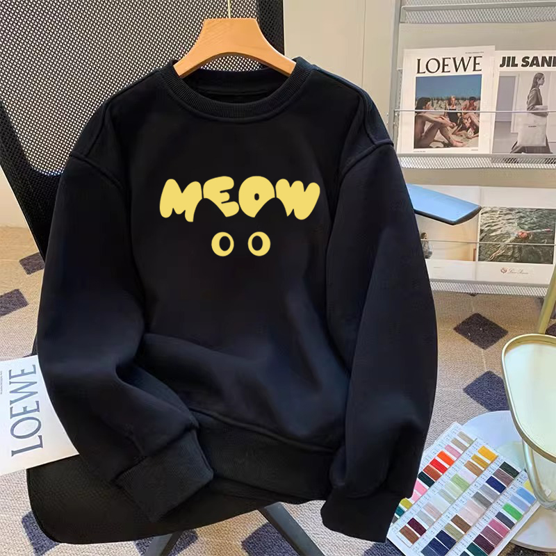 黑色圆领纯棉卫衣女春秋美式2025新款秋冬宽松长袖设计感上衣外套