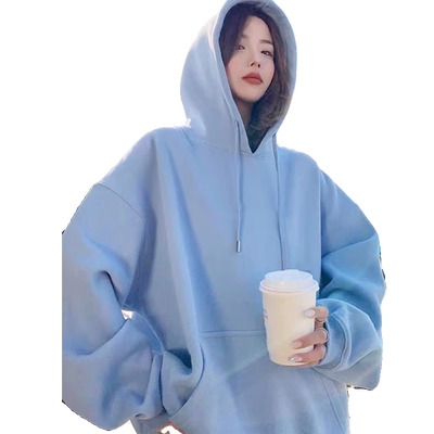 奶蓝色加绒加厚连帽纯棉卫衣女士