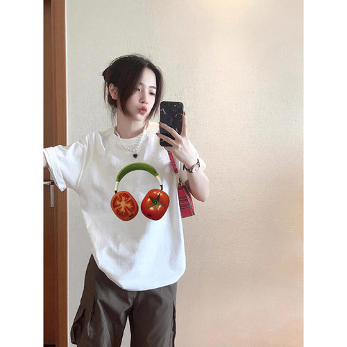 白色纯棉短袖t恤女番茄印花上衣
