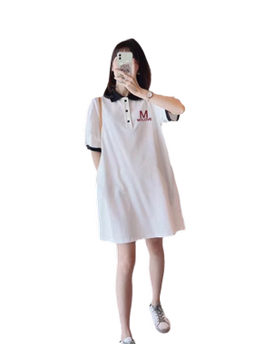 大码胖mm纯棉POLO领衬衫t恤裙女