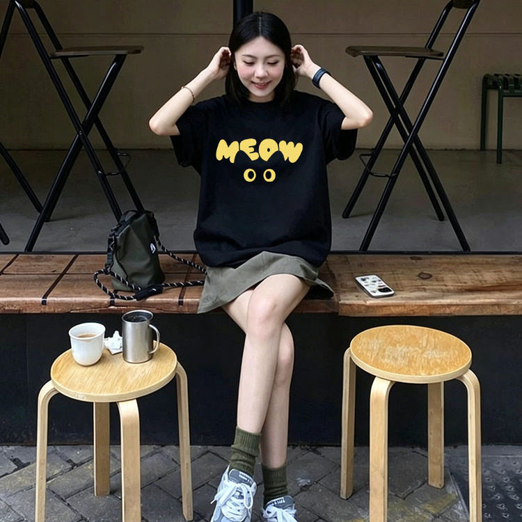 2026新款夏季美式潮牌猫咪印花短袖t恤女小众设计感纯棉黑色上衣