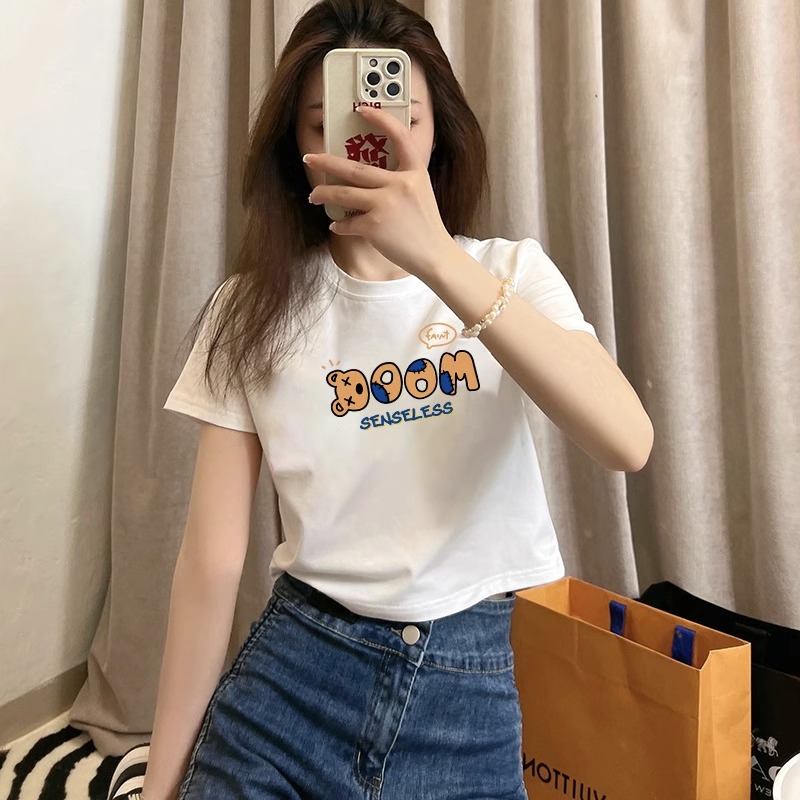 白色女士纯棉短袖t恤女短款正肩