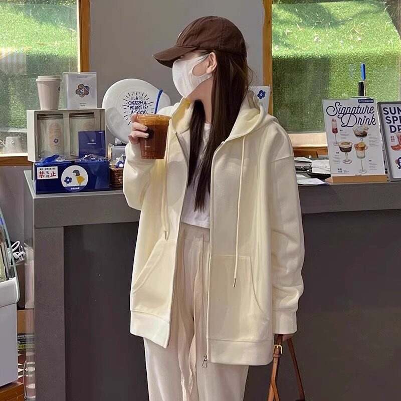 奶黄色chic春秋纯棉卫衣女韩系中长款慵懒风加绒秋冬季开衫外套潮