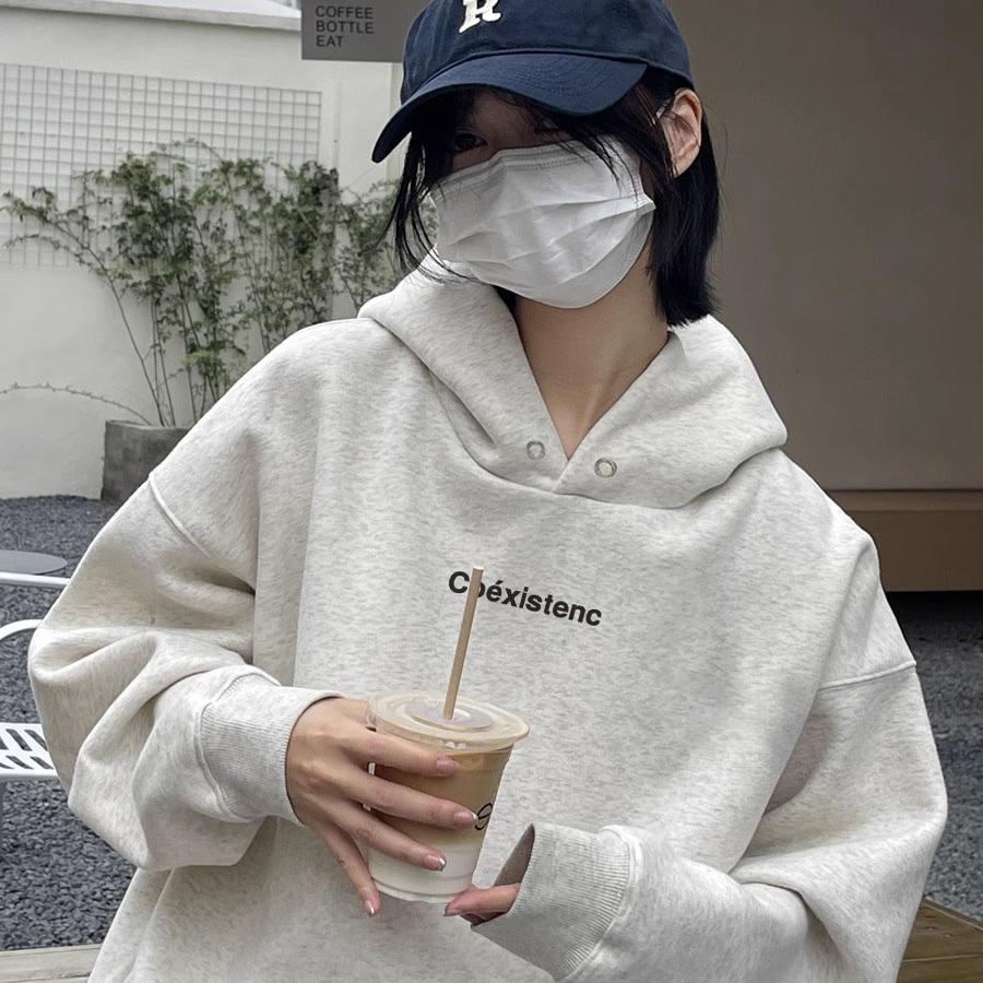 邦丽白2024新款加绒连帽卫衣灰色