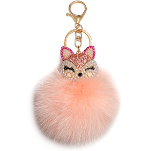 创意镶钻媚眼狐狸钥匙扣女士汽车毛绒球礼品钥匙链时尚背包挂件潮