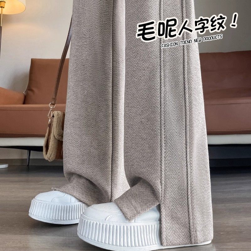 燕麦色毛呢阔腿裤女秋冬新款加绒裤子人字纹开叉休闲裤高腰直筒裤,女装/女士精品,休闲裤,淘宝优惠券,粉丝福利购,淘宝优惠卷