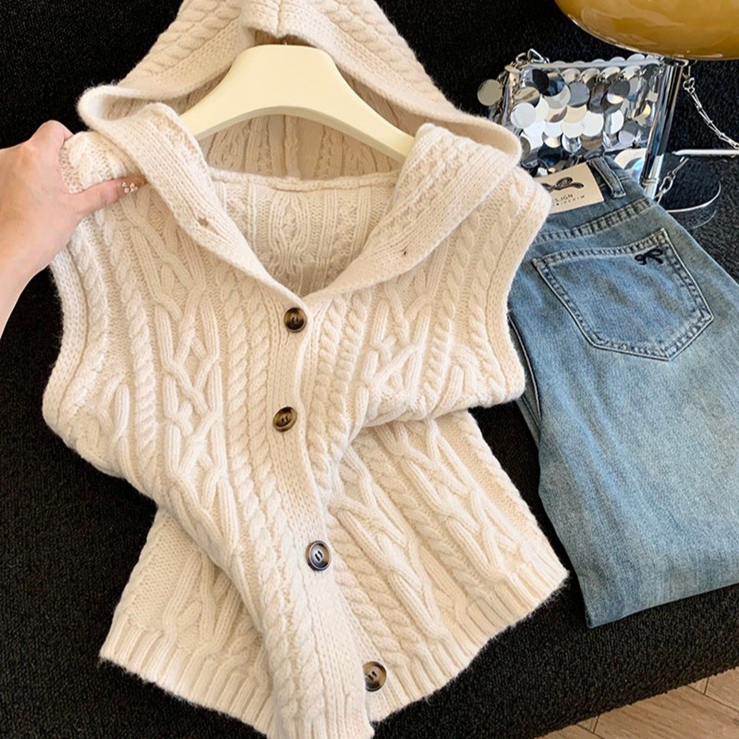 自留款推荐~韩版连帽针织马甲开衫女秋冬爆款高级感叠穿毛衣背心