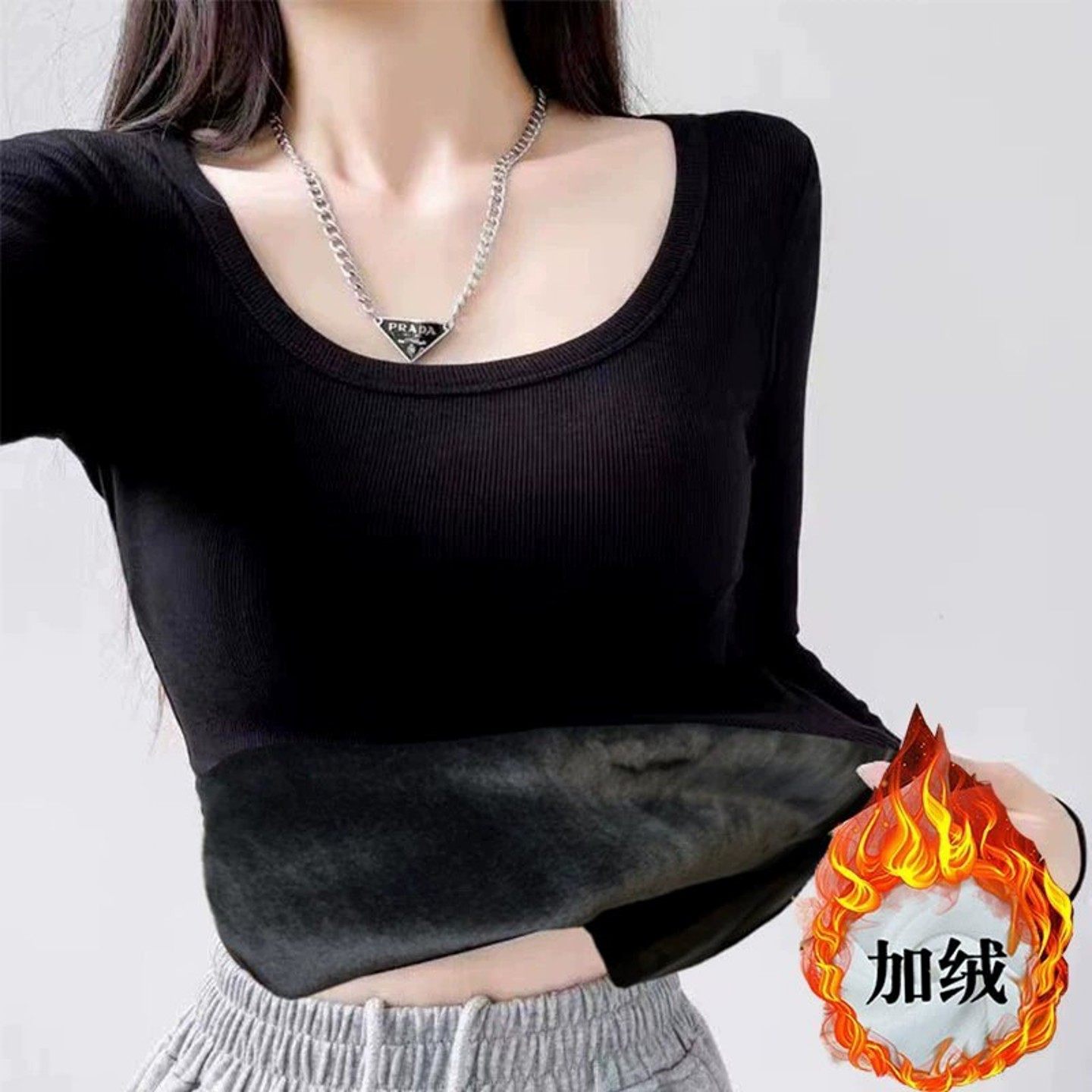 漏锁骨低领保暖内衣女秋冬黑色加厚一体绒棉毛衫加绒加厚低领秋衣