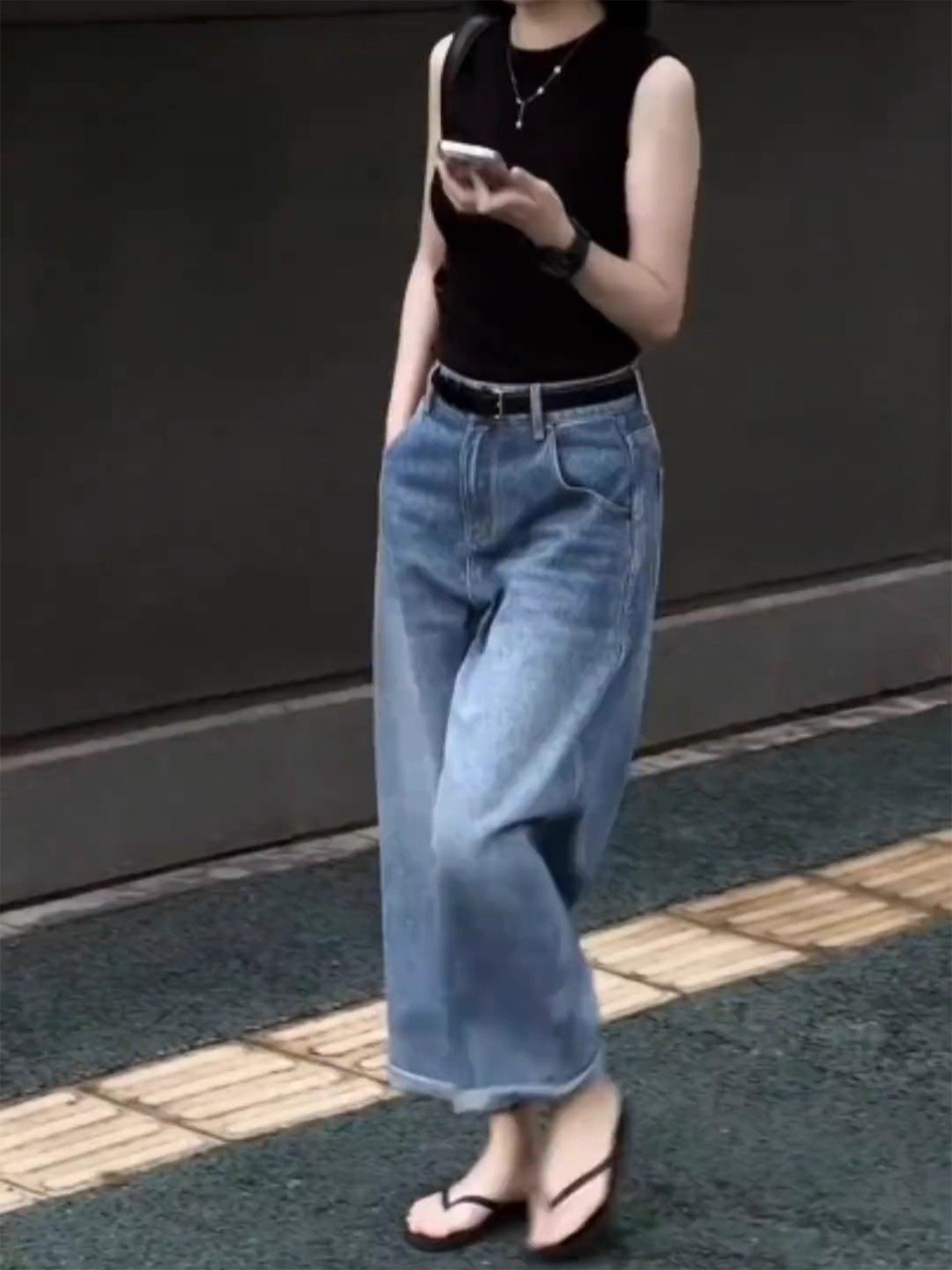 欧货九分阔腿牛仔裤女春秋新款梨形身材高腰显瘦小个子直筒奶奶裤