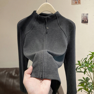 外套修身 秋冬双拉链开衫 卫衣内搭上衣 女2025新款 半高领德绒打底衫