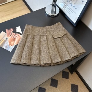 毛呢加厚百褶裙女秋冬新款高腰显瘦a字短裙子配靴子小个子半身裙