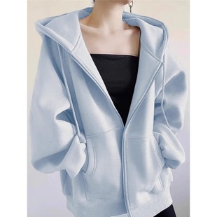 连帽蓝色运动衫外套女春秋新款oversize宽松遮肉显瘦休闲 拉炼 炼