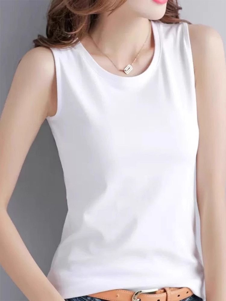 白色纯棉打底背心女休闲百搭纯色宽松显瘦无袖T恤打底衫西装内搭