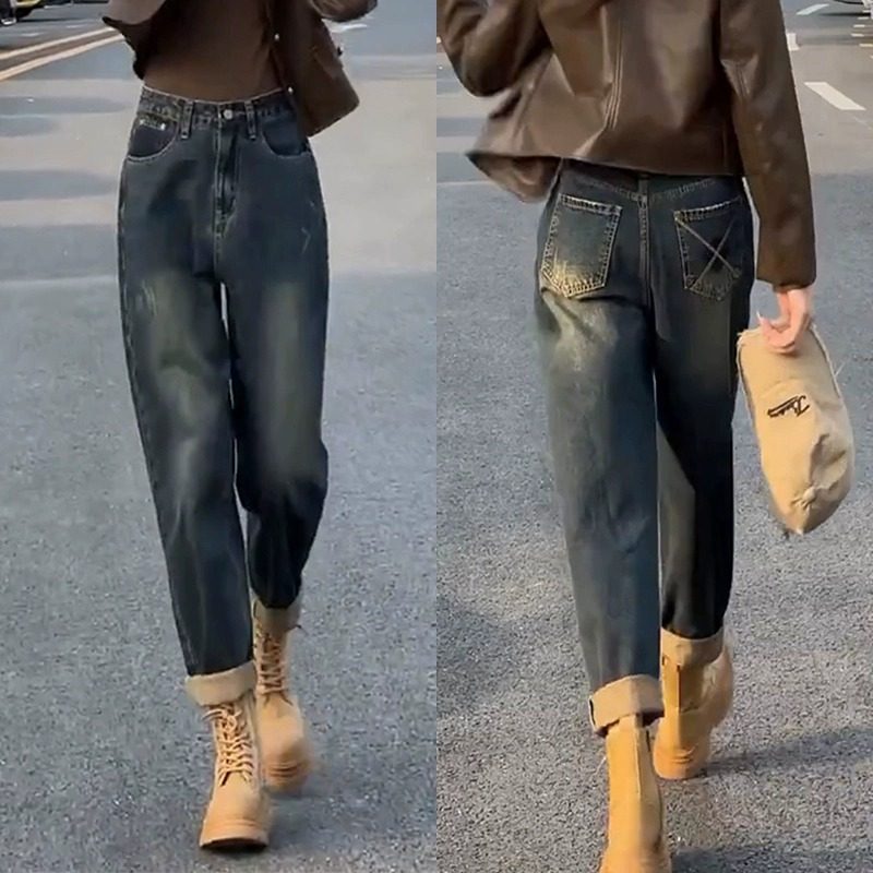 美拉德哈伦牛仔裤女秋冬加绒高腰梨形身材直筒显瘦复古萝卜老爹裤,女装/女士精品,牛仔裤,淘宝优惠券,粉丝福利购,淘宝优惠卷