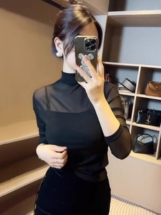 上衣 内搭性感透视显瘦洋派小衫 黑色网纱半高领打底衫 女春秋冬季