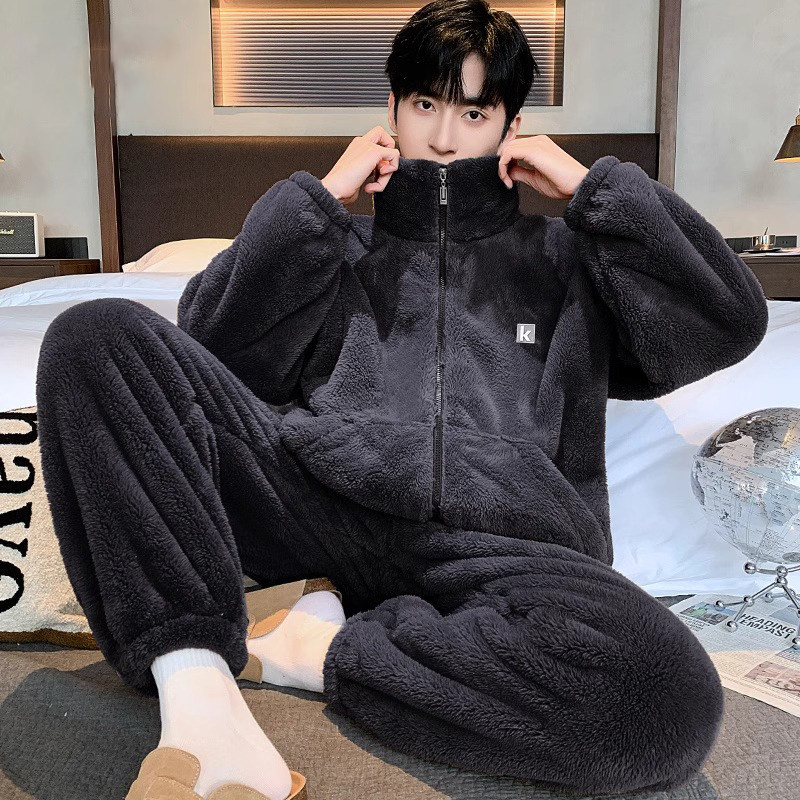 男士珊瑚绒睡衣男秋冬季新款加绒加厚雪花绒保暖家居服套装可外穿