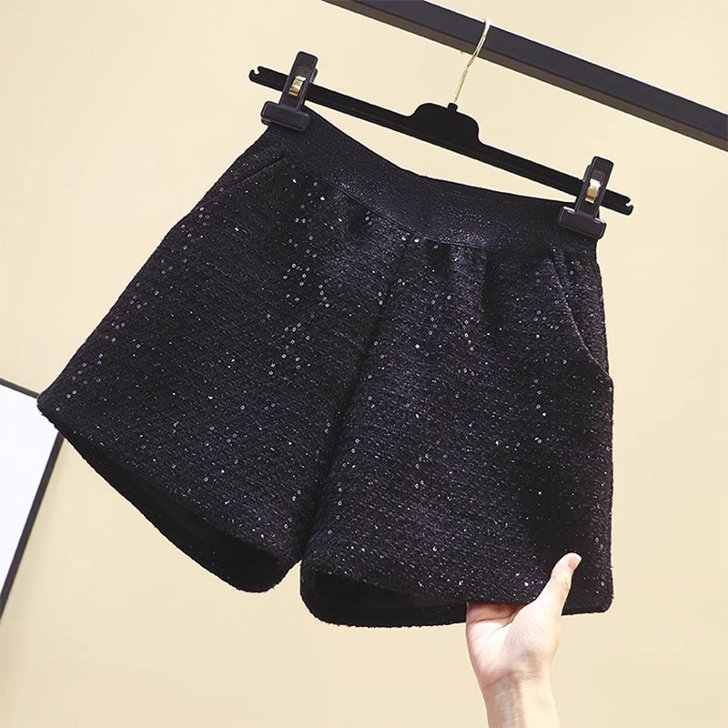 小香风粗花呢短裤女秋冬新款黑色亮片松紧腰显瘦休闲a字阔腿靴裤,女装/女士精品,休闲裤,淘宝优惠券,粉丝福利购,淘宝优惠卷