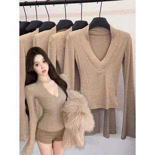 v领内搭打底衫女秋冬皮草内搭高级感毛衣修身针织衫长袖T恤上衣潮