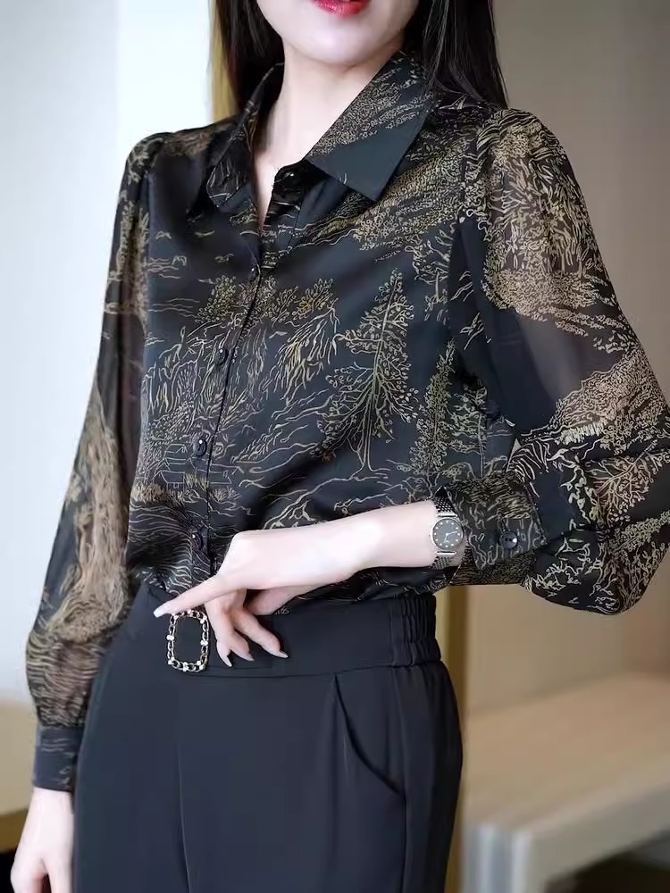 欧货时尚洋气三醋酸衬衫女高端气质百搭大码宽松缎面仿真丝衬衣