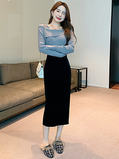 黑色金丝绒半身裙女小个子秋冬高腰开叉直筒裙加绒加厚包臀一步裙