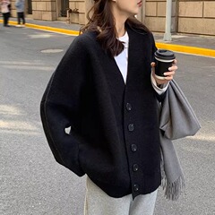 黑色v领针织开衫女春秋外搭洋气上衣宽松慵懒风中长款毛衣外套