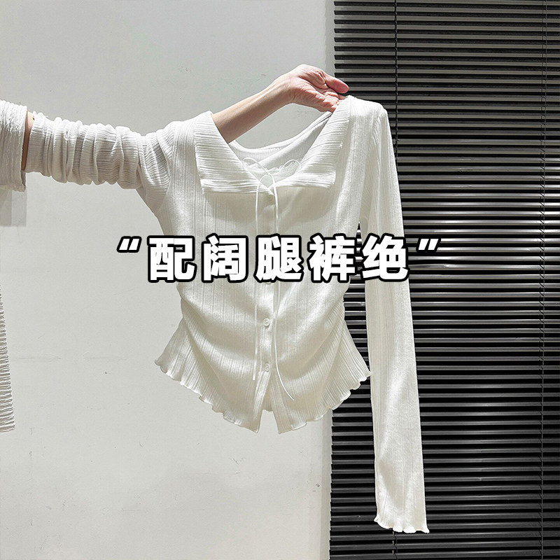 白色假两件木耳边不规则长袖t恤女春秋褶皱掐腰内搭打底衫上衣