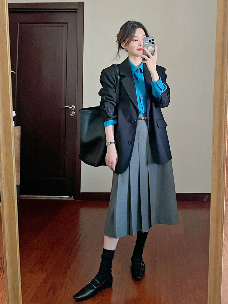 灰色西装半身裙女秋冬高腰显瘦百褶裙法式赫本风中长款a字伞裙