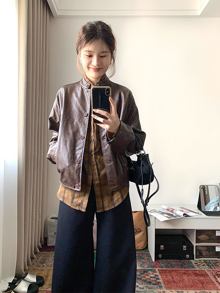 美式时尚棕色短款皮衣机车服外套女秋季新款高级感小立领宽松夹克