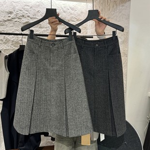 灰色羊毛半身裙女秋冬高腰显瘦a字百褶裙人字纹中长款毛呢伞裙