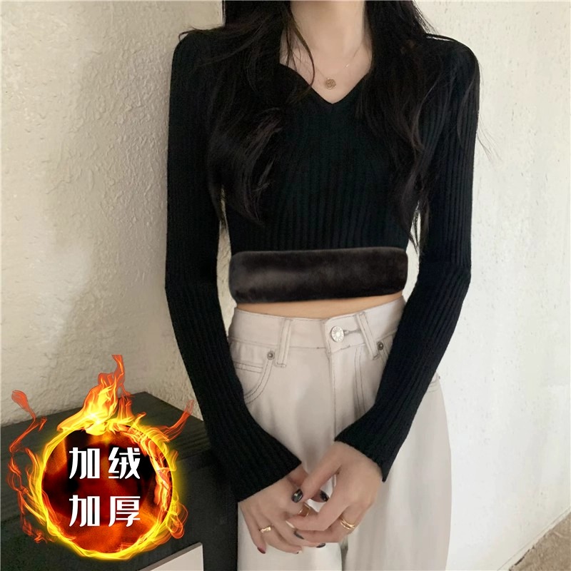 黑色法式v领一体绒毛衣女冬新款修身显瘦加绒加厚针织打底衫1204w