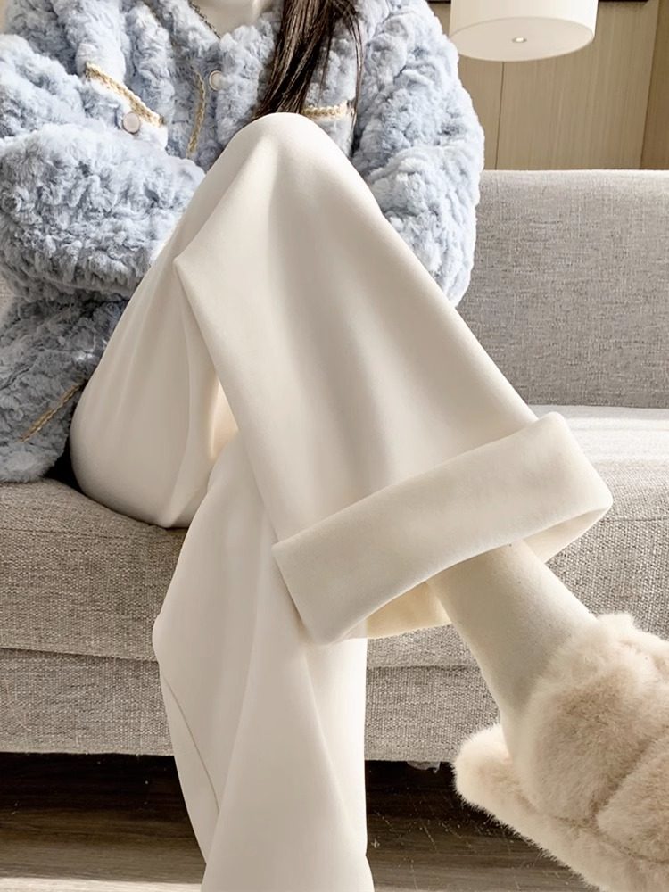 德绒白色阔腿裤女秋冬高腰显瘦软糯垂感裤子休闲拖地裤加绒糯米裤