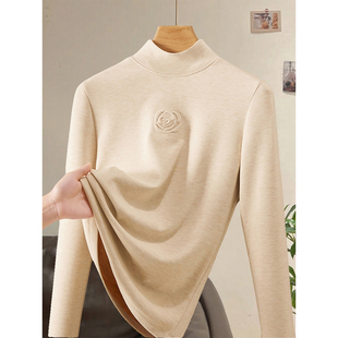 高端大牌半高领德绒打底衫女秋冬羊毛蚕丝内搭加绒加厚玫瑰花上衣