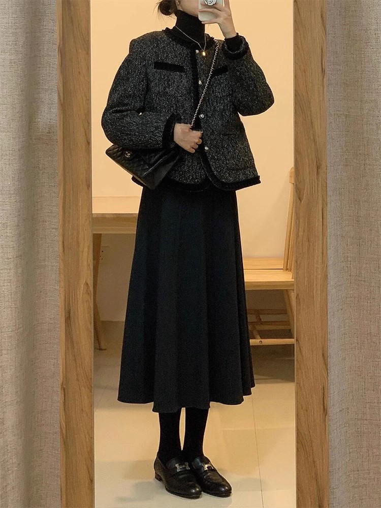 黑色毛呢半身裙女秋冬高腰显瘦a字裙小香风半裙气质高级感长裙子