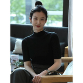 法式 黑色半高领短袖 正肩针织上0202r 修身 打底衫 T恤女2026春季 新款