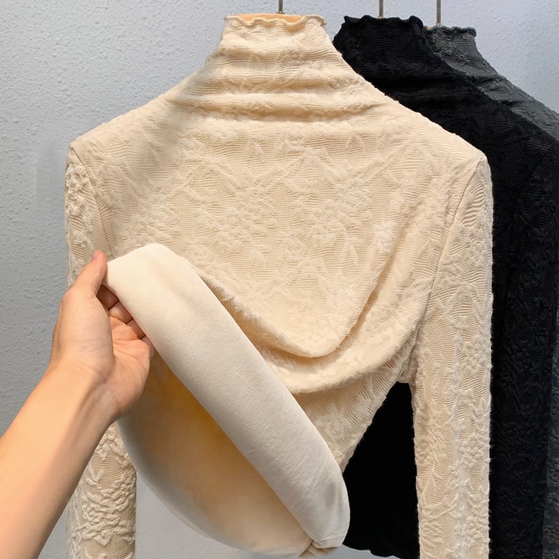 加绒蕾丝打底衫女冬洋气内搭长袖小衫加厚保暖半高领网纱上1130w
