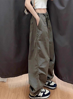 美国高腰高腰美国高街阔腿裤，春秋季女士用灰绿色快干工装裤