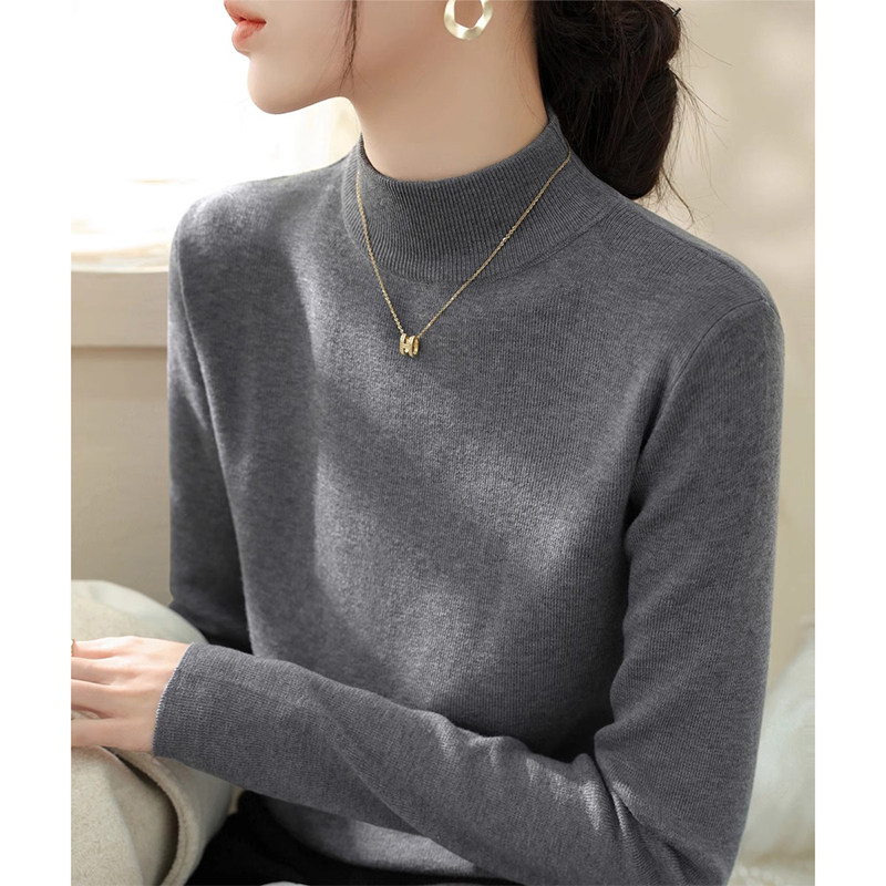 灰色半高领打底衫女秋冬新款修身显瘦长袖针织衫高级感内搭上衣