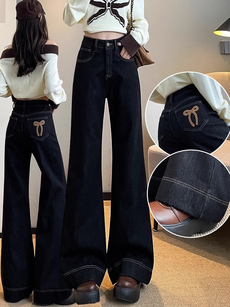 黑金色A版阔腿牛仔裤女秋冬加绒流行爆款高腰遮肉蝴蝶结拖地裤,女装/女士精品,牛仔裤,淘宝优惠券,粉丝福利购,淘宝优惠卷
