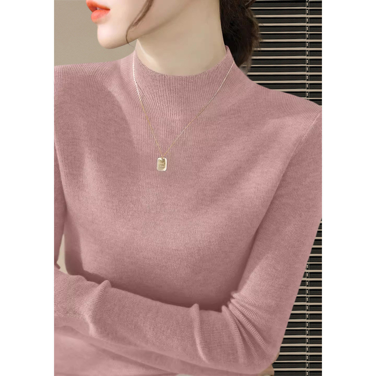 粉色气质修身半高领打底衫女2026早春氛围感内搭长袖针织T恤上衣