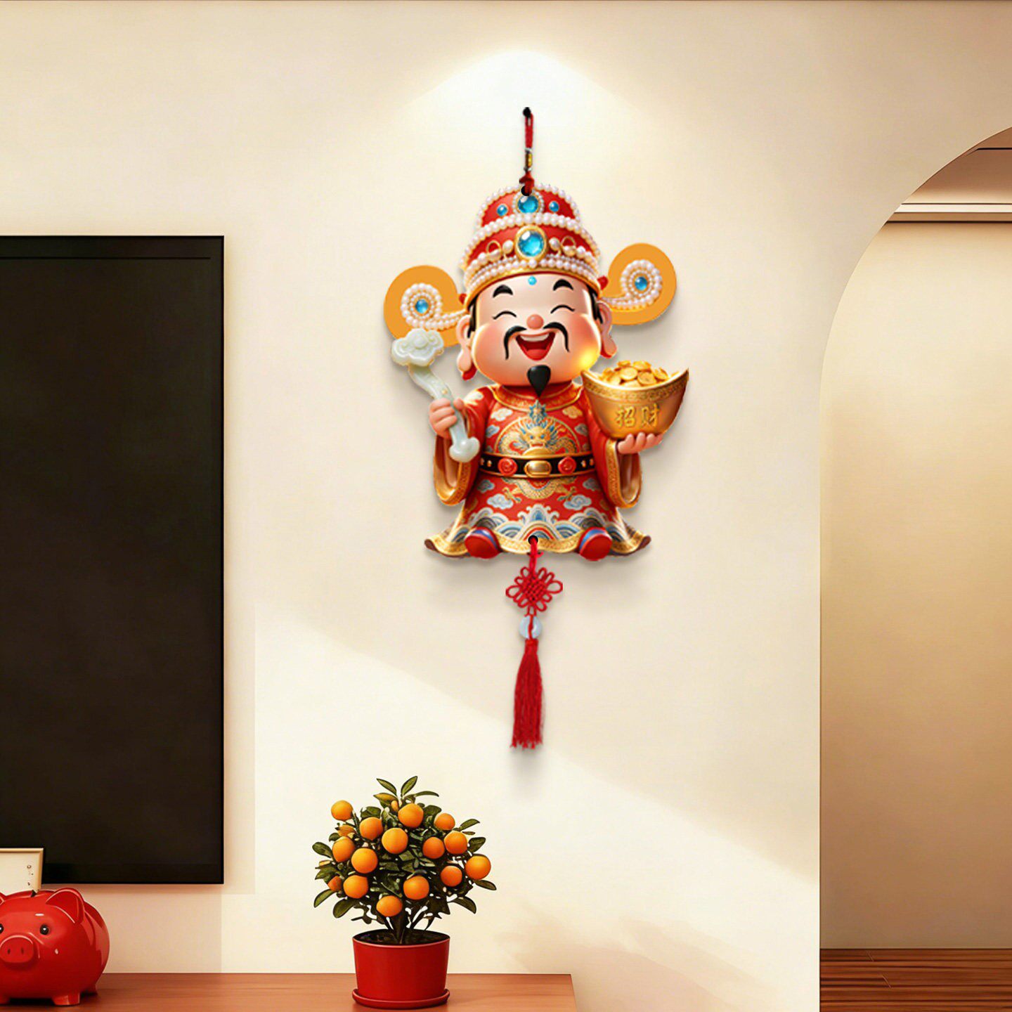 财神爷挂件电视背景墙装饰画大白墙挂画春节过年客厅墙面高档挂饰