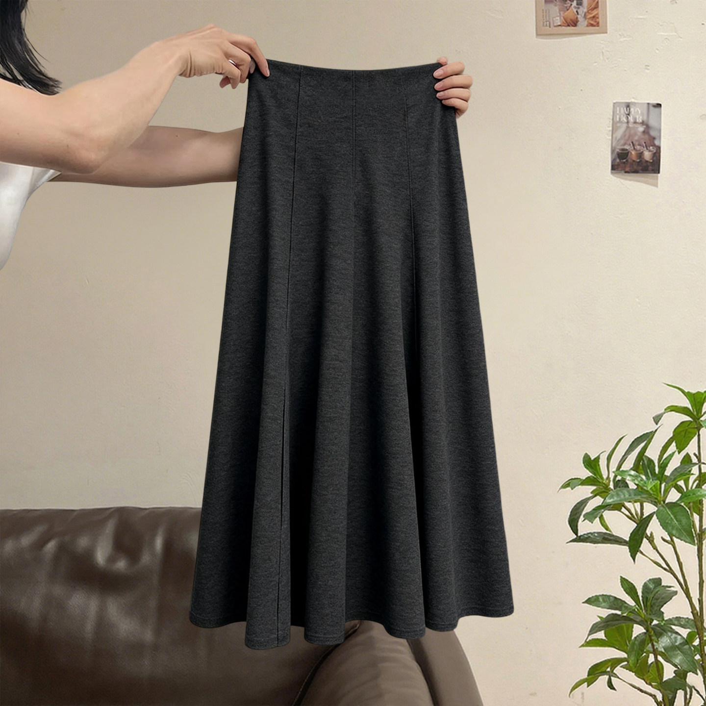 深灰色羊绒半身裙女秋冬高腰显瘦a字裙加绒加厚中长款毛呢鱼尾裙