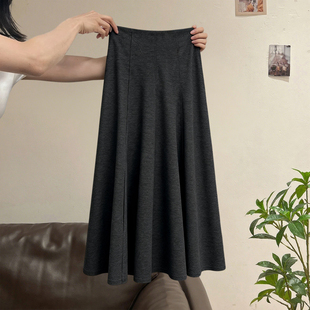 深灰色羊绒半身裙女秋冬高腰显瘦a字裙加绒加厚中长款毛呢鱼尾裙