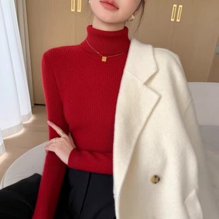 1010c 显瘦针织打底衫 配大衣 内搭高领红色毛衣女冬时髦洋气修身