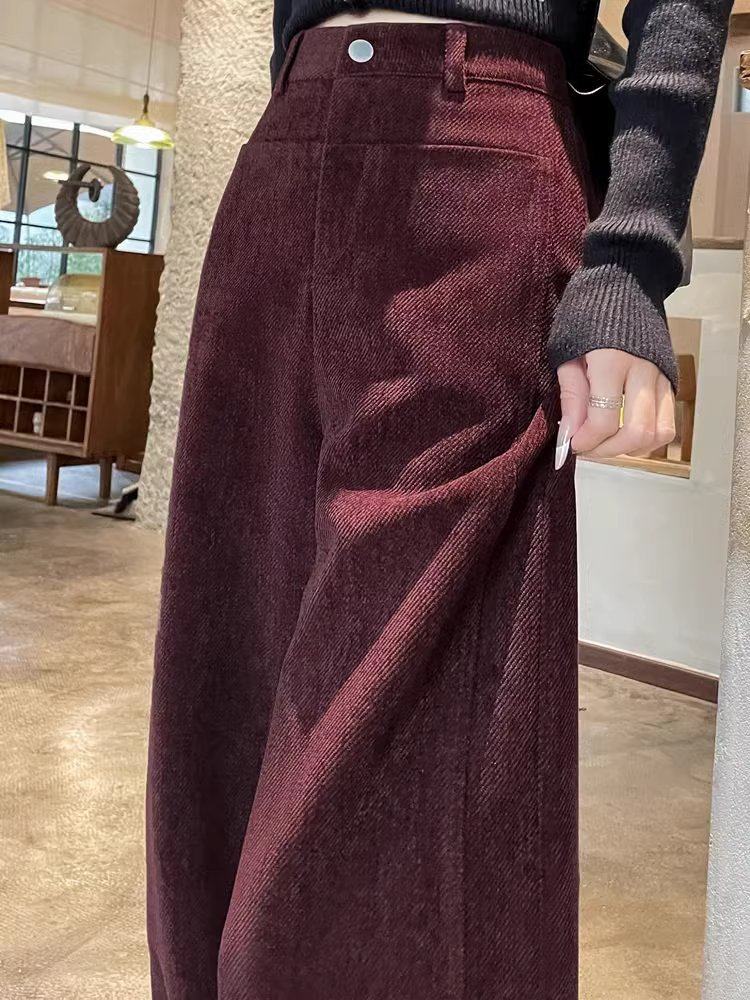 灯芯绒阔腿裤女秋冬新款高腰直筒裤加绒裤子雪尼尔酒红色西装裤,女装/女士精品,休闲裤,淘宝优惠券,粉丝福利购,淘宝优惠卷