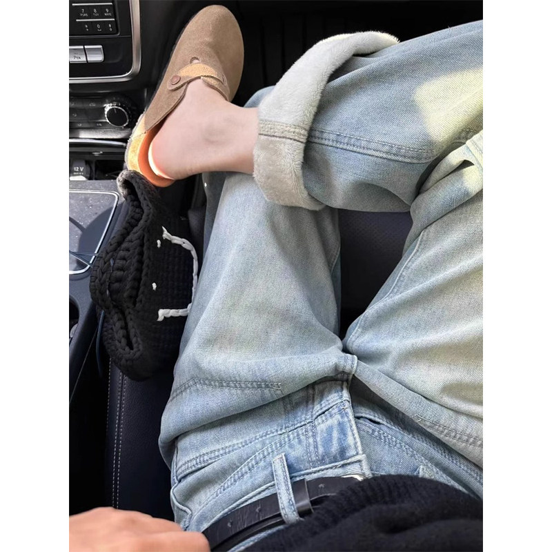 浅蓝色加绒加厚直筒牛仔裤女秋冬保暖遮胯宽显瘦复古百搭阔腿裤