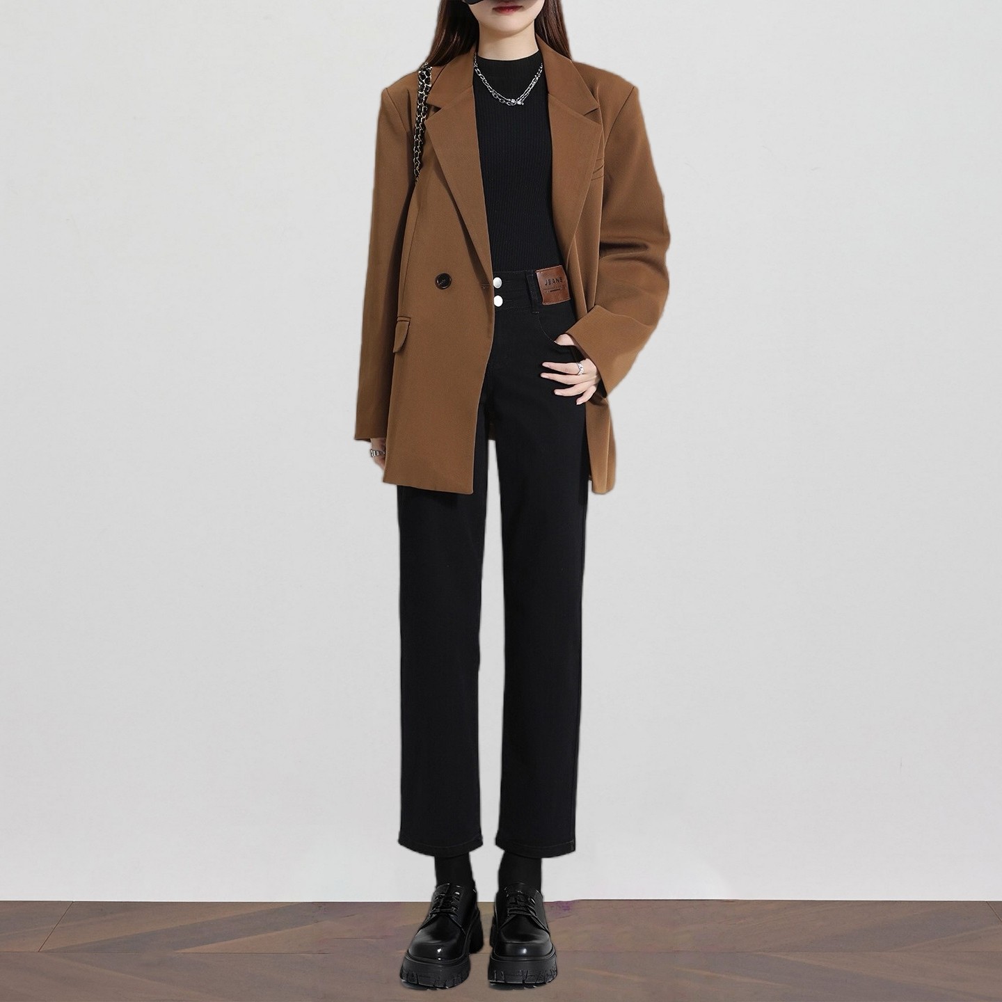 黑色九分直筒牛仔裤女法棍裤秋冬加绒小个子高腰显瘦靴裤烟管裤